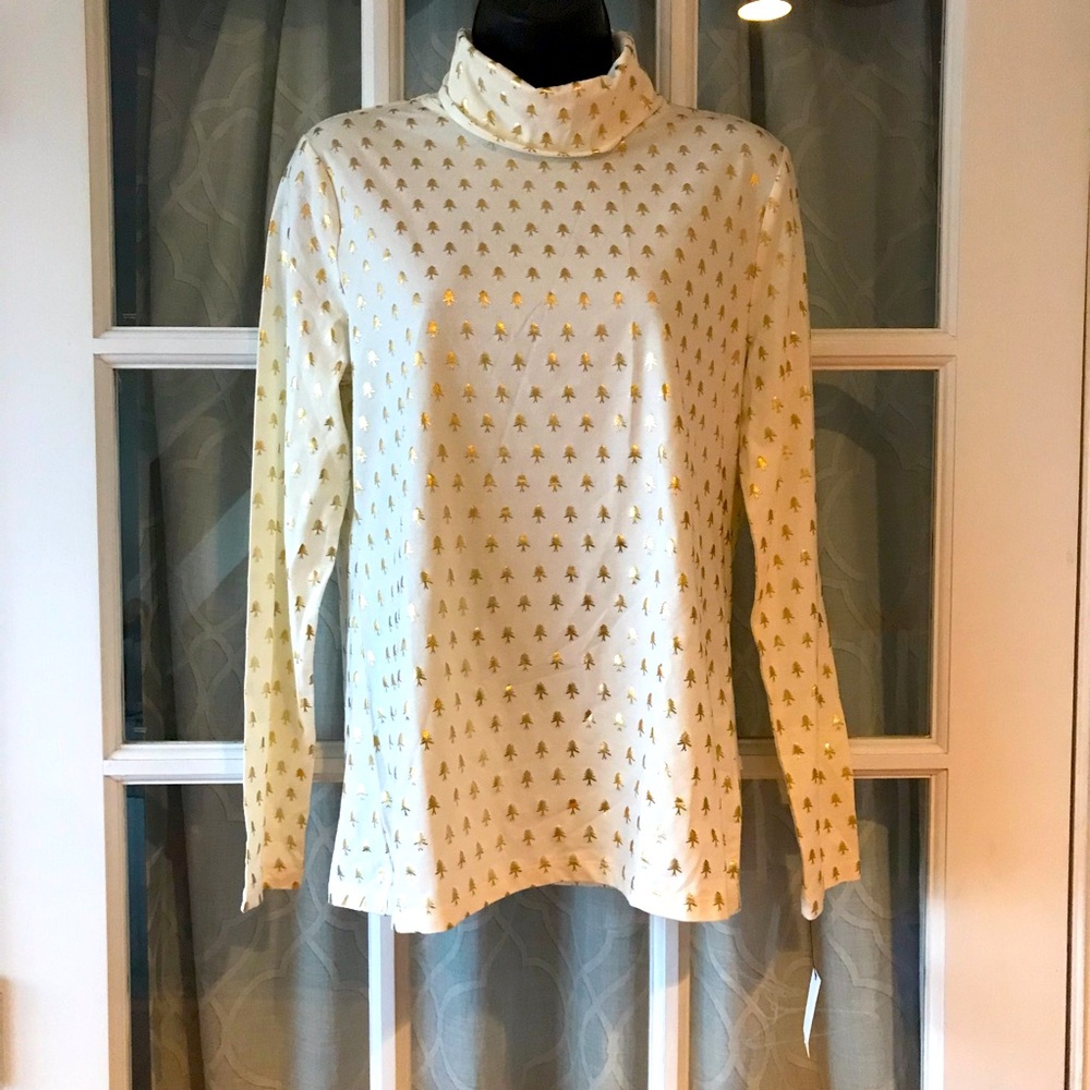 NWT! Talbots Tee Christmas trees size M long sleeve white and gold turtleneck